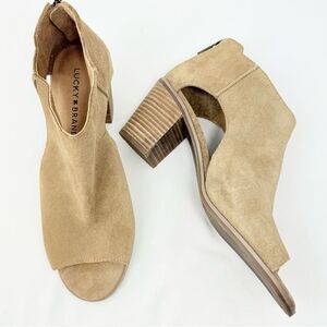 Lucky Brand KEIGHT Tan Suede Keyhole Open Toe Block Heel Ankle Sandal Bootie